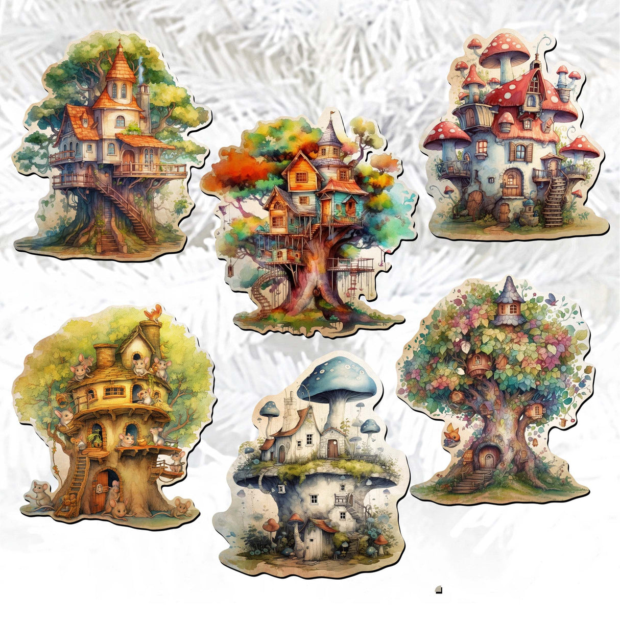 Tree House Decorative Wooden Clip-on Ornaments Set of 6 by G. Debrekht - Christmas Decor - 8090026C-S6