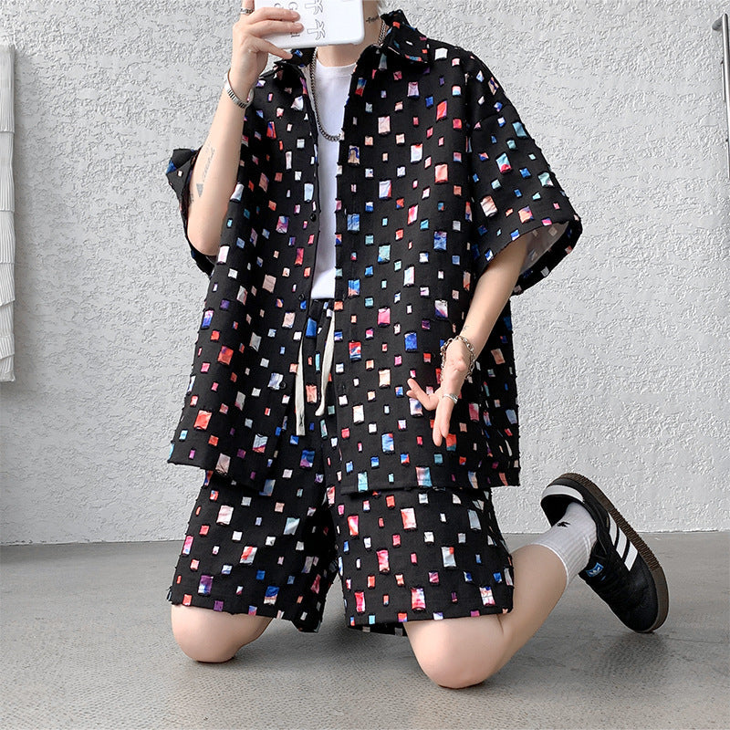 Summer New Chessboard Plaid Shirt Short Sleeve Shorts Suit - Lootquake