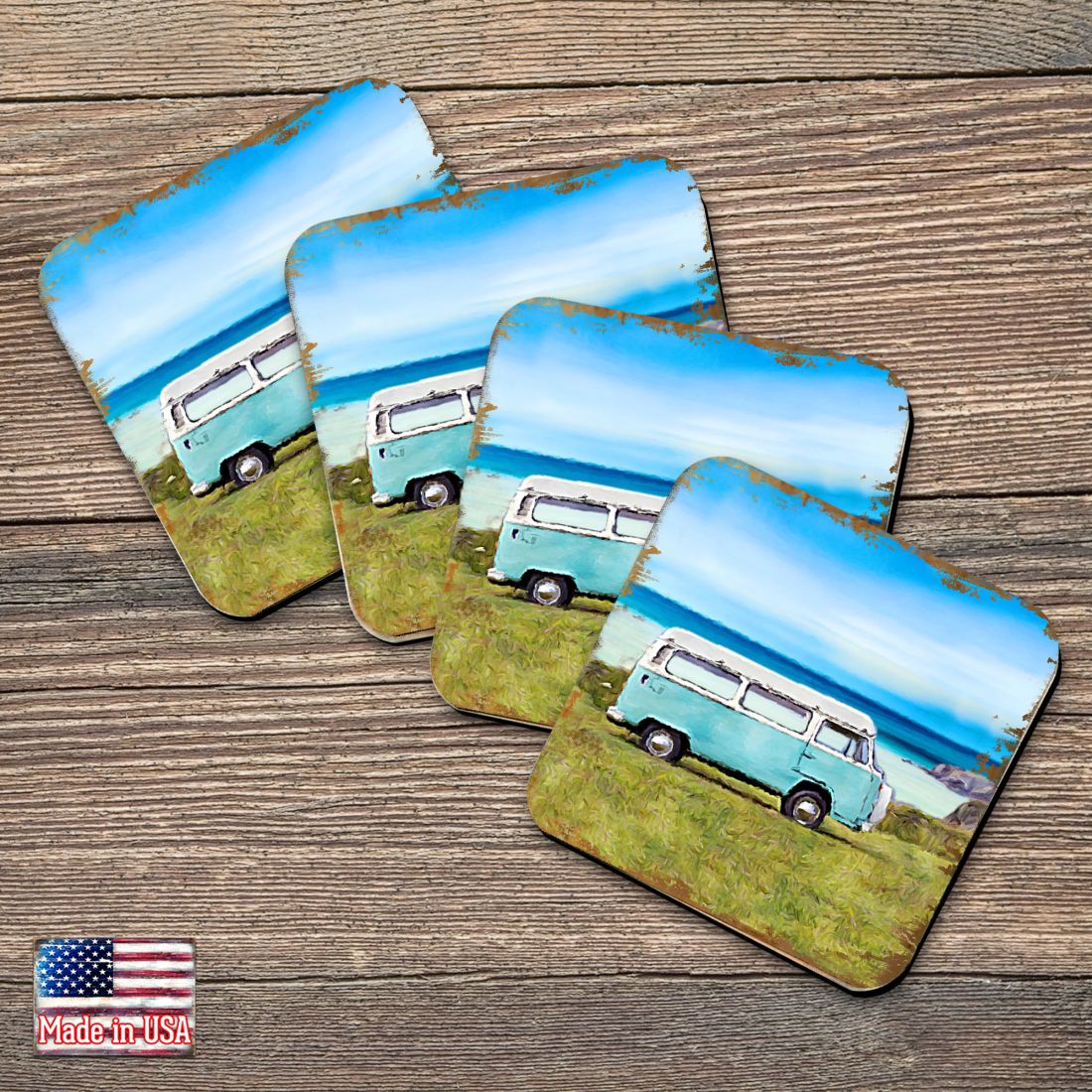 Van Coastal Wooden Cork Coasters Gift Set of 4 by Nature Wonders - Coastal Sea-Life Decor - 95269C-S4