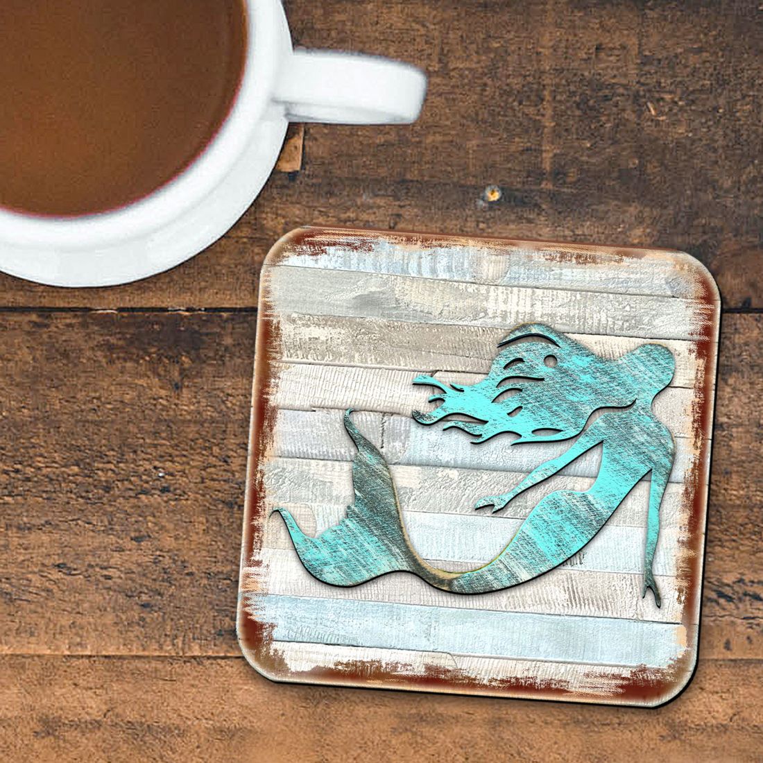 Mermaid Coastal Wooden Cork Coasters Gift Set of 4 by Nature Wonders - Coastal Sea-Life Decor - 8198514-9C-S4