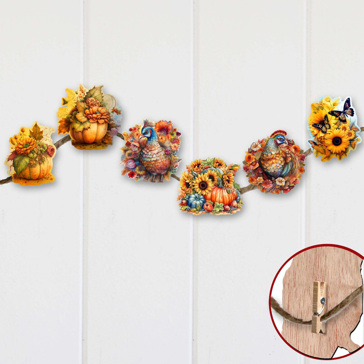 Happy Thanksgiving Decorative Wooden Clip-on Ornaments of 6 by G. Debrekht - Thanksgiving Decor - 8090018C-S6