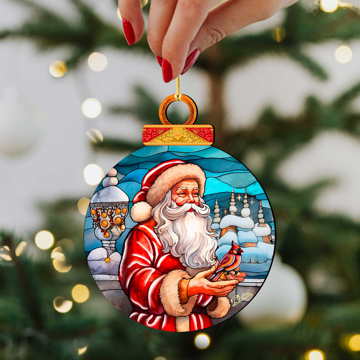 Adornos navideños de madera de Papá Noel con cardenal rojo de G. Debrekht - Decoración de muñeco de nieve de Papá Noel - 8652807