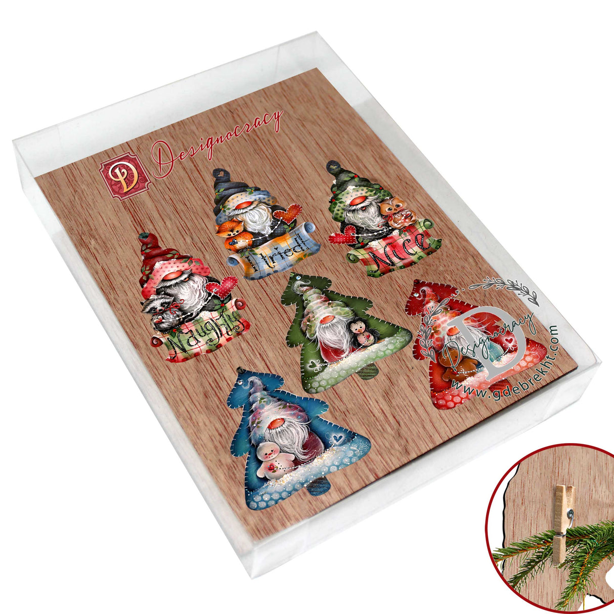 Christmas Gnomes Decorative Wooden Clip-on Ornaments Set of 6 by Jamie Mills-Price - Christmas Decor - 8090049C-MP-S6