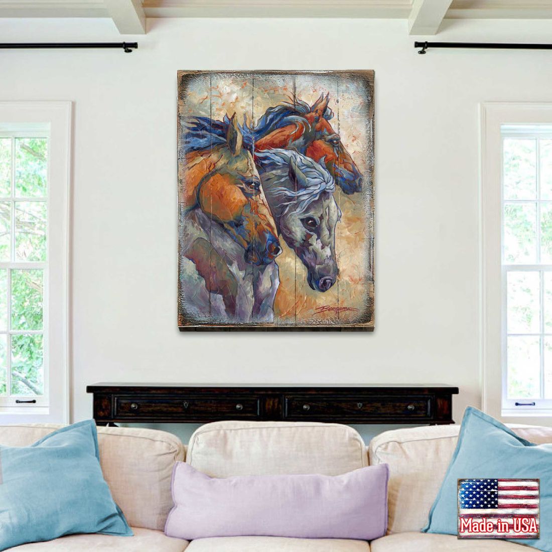 Let Them Run Horse Heads Wooden Wall Art by J. Bergsma - Nature Wildlife Decor - 8592259B-JB