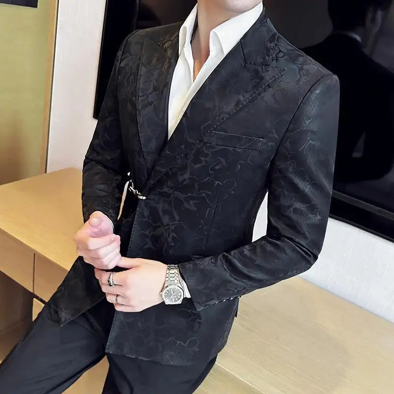 Vintage Pattern Men's Casual Suit Metal Hook Placket Closure Collar Leather Texture Suit - Lootquake