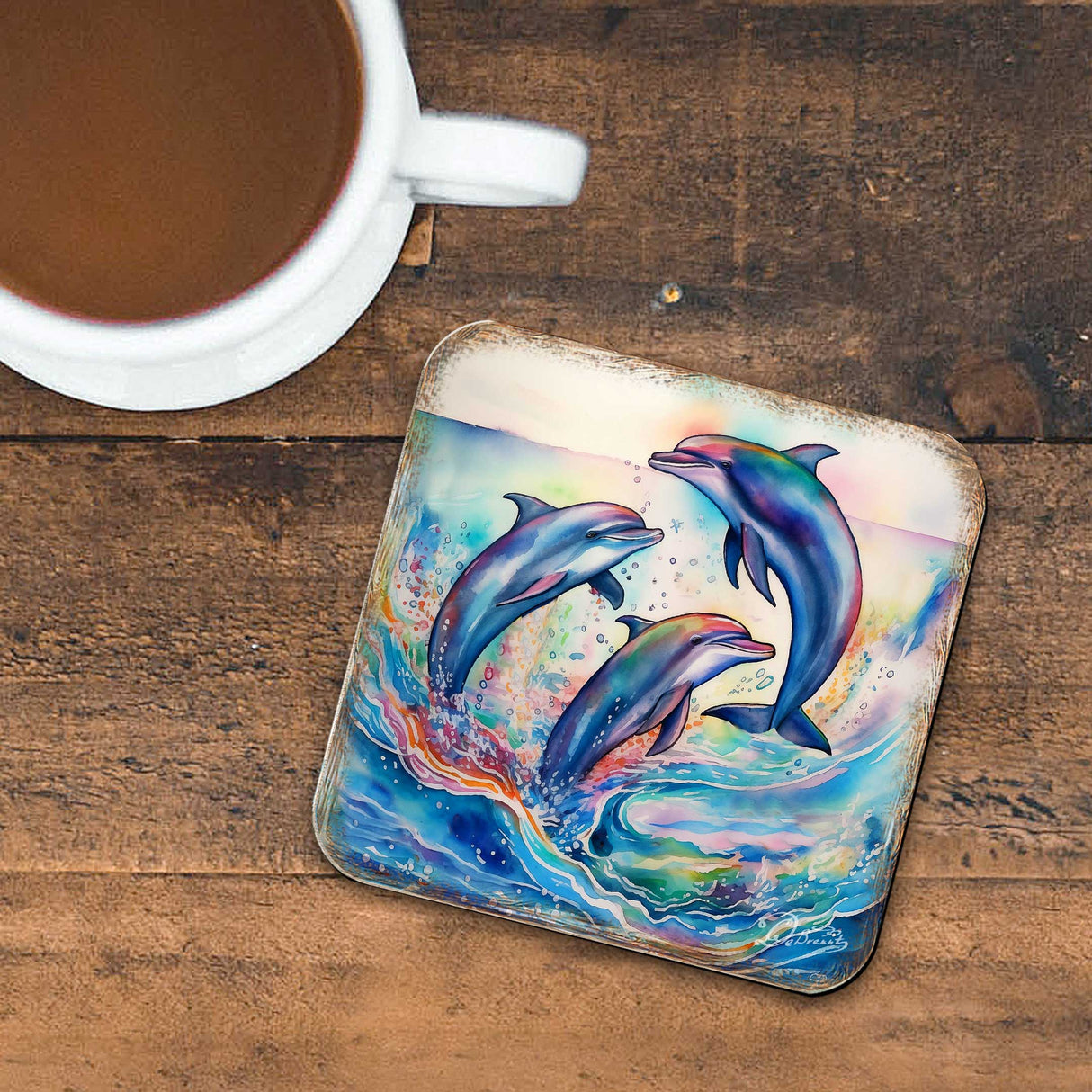 Dolphins Wooden Cork Coasters Gift Set of 4 by G. Debrekht - Coastal Holiday Decor - 8199450-3C-S4