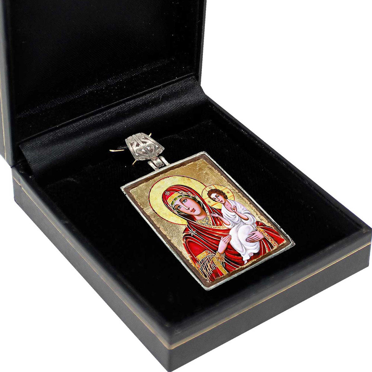 Collar de la Virgen María Directora, joyería religiosa, bañado en plata, cabujón de madera bañado en oro - Icono sagrado ortodoxo - Decoración inspiradora - 43029R