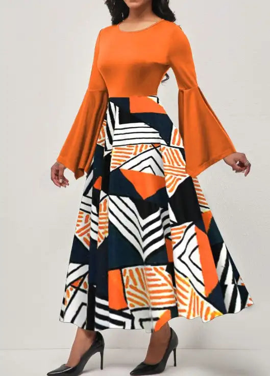 Ladies' Round Neck Printed Irregular Cuff Design Fashionable Dress - Lootquake