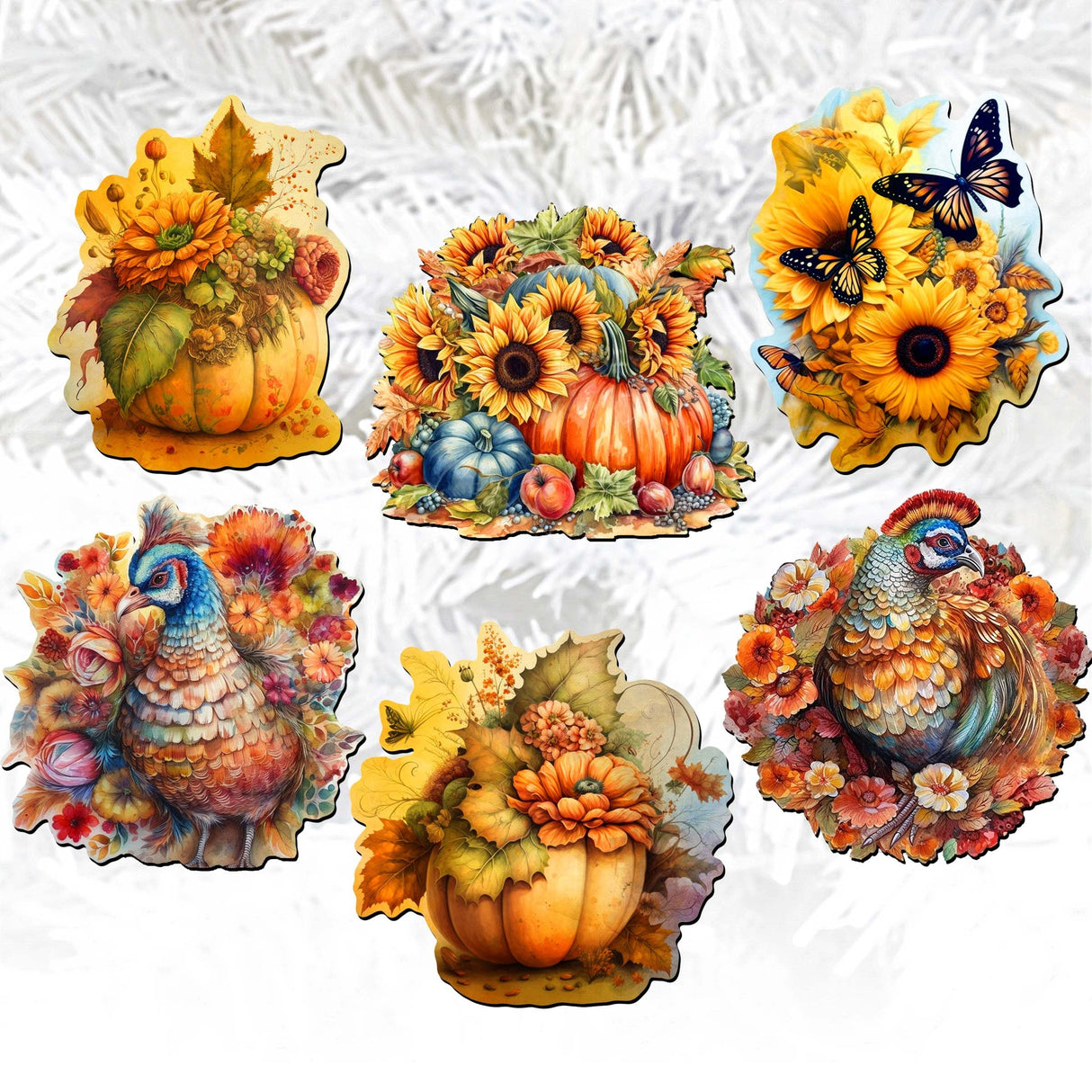 Happy Thanksgiving Decorative Wooden Clip-on Ornaments of 6 by G. Debrekht - Thanksgiving Decor - 8090018C-S6