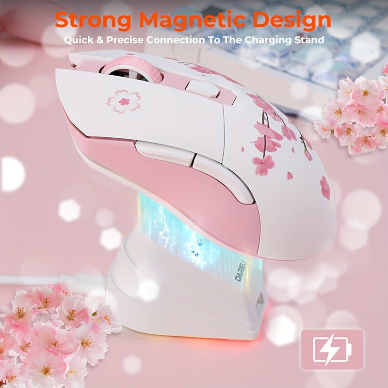 DAREU Sakura Pink Wireless Gaming Mouse - 12K DPI, RGB Rechargeable, 7 Programmable Buttons, Charging Dock Stand, Dual Mode for PC/Laptop/Mac - The Perfect Gift for Birthdays, Valentines, Halloween, Easter, and Girlfriends