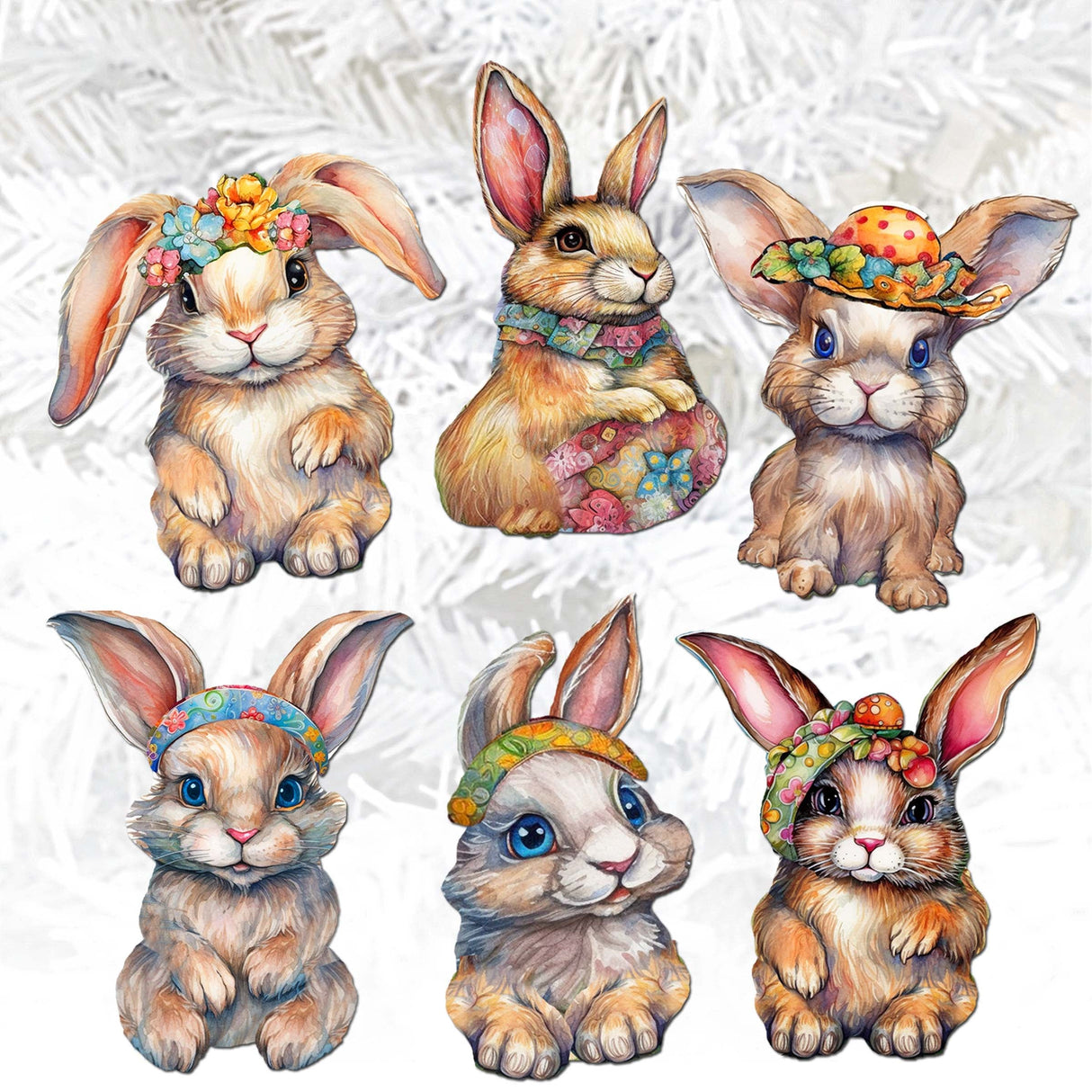 Easter Bunnies Decorative Wooden Clip-on Ornaments Set of 6 by G. Debrekht - Easter Decor - 8090042C-S6