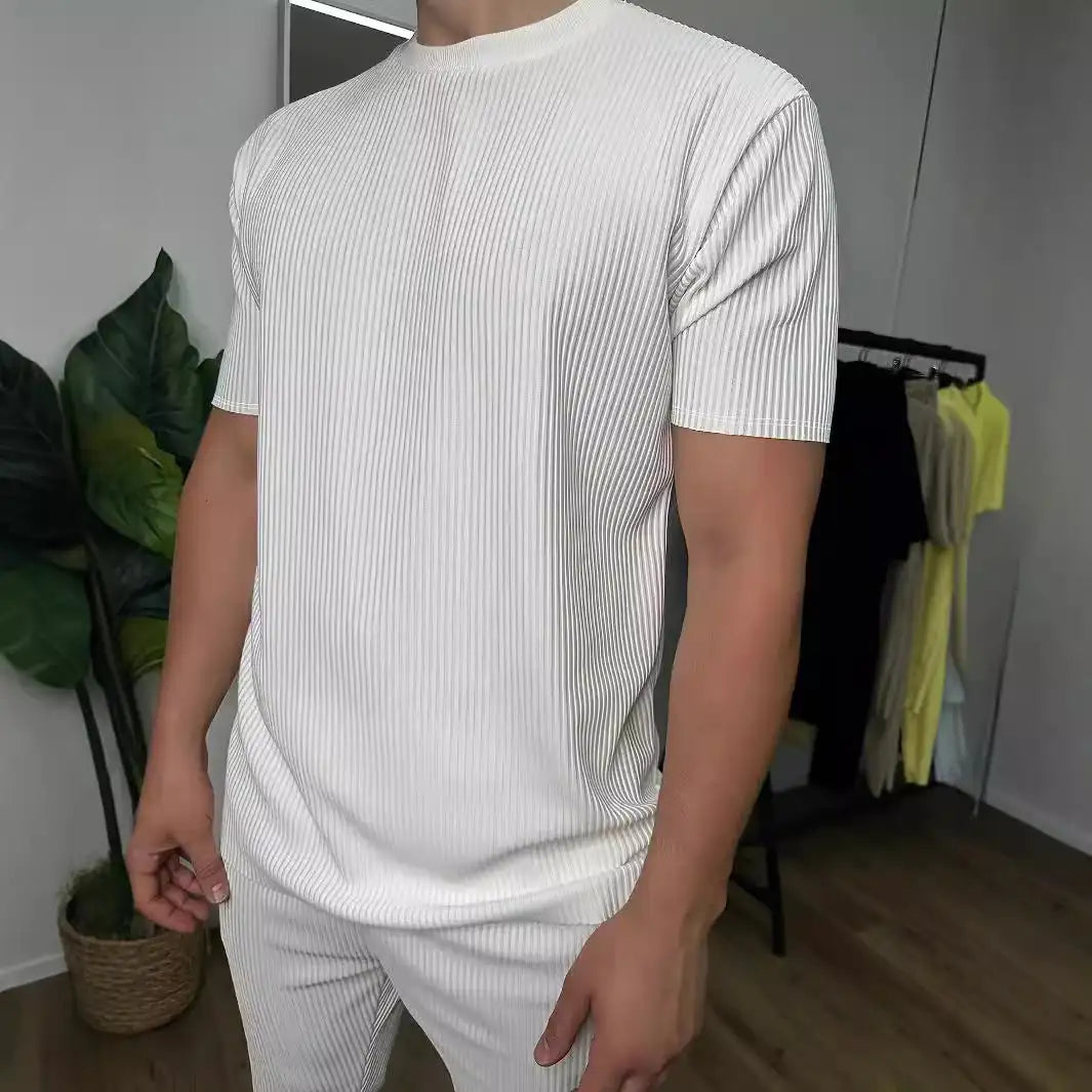 European And American Slim Fit Round Neck Pullover Short Sleeve Trousers Two-piece Set - Lootquake