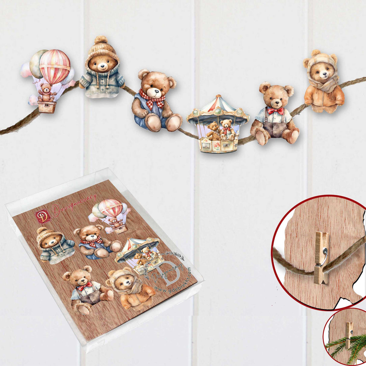 Teddy Bear Decorative Wooden Clip-on Ornaments Set of 6 by G. Debrekht - Christmas Decor - 8090025C-S6