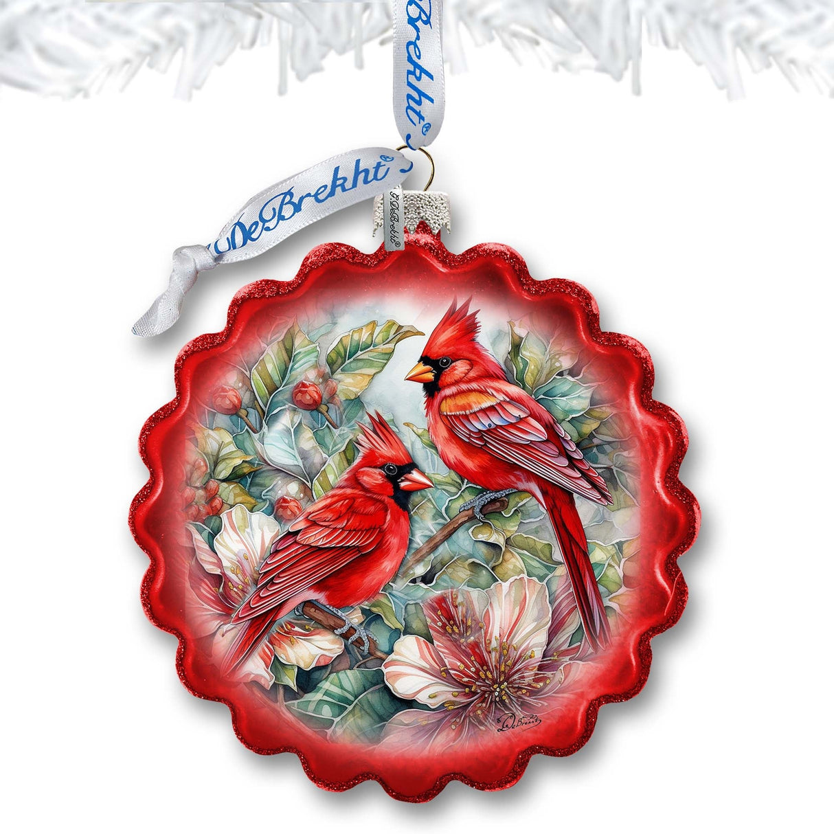 Cardinals Wreath Glass Ornament by G. Debrekht - Wildlife Holiday Decor - 759-052