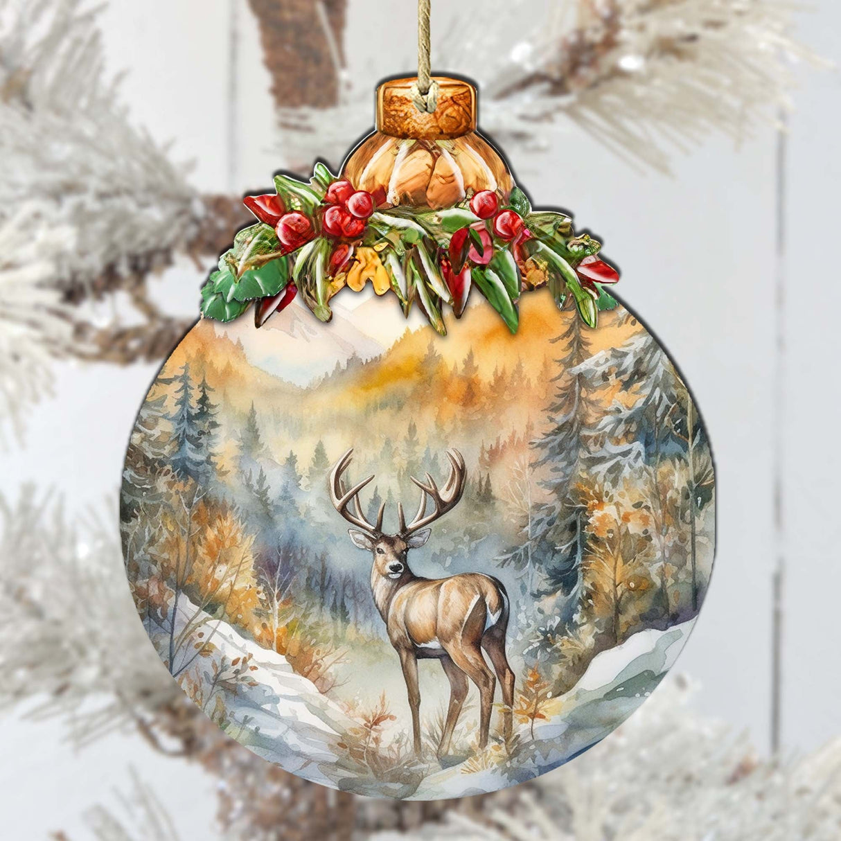 Elk in Mountain's Nature Beauty Wooden Ornaments by G.Debrekht - Wildlife Holiday Decor - 870027