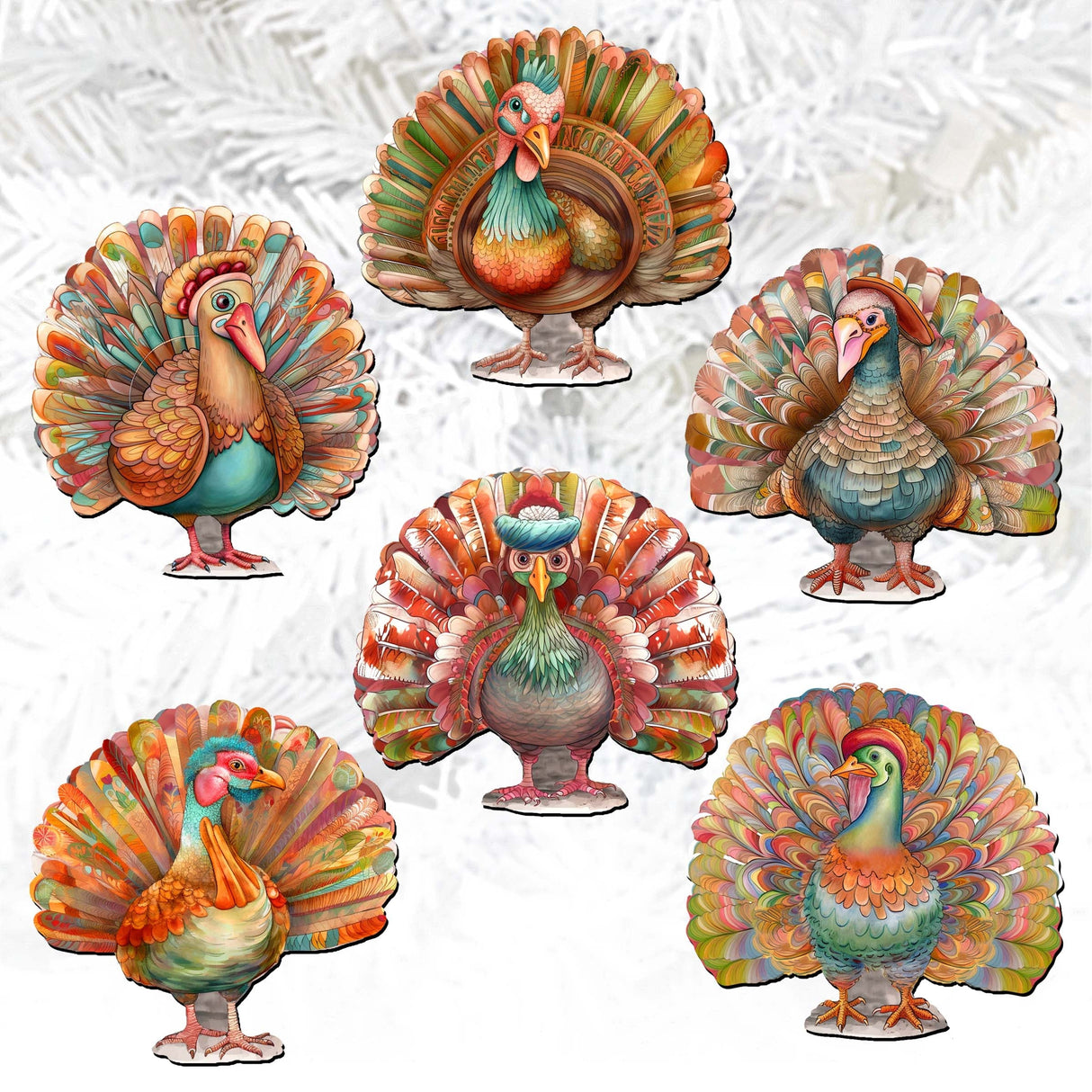 Turkey Decorative Wooden Clip-on Ornaments Set of 6 by G. Debrekht - Thanksgiving Decor - 8090027C-S6