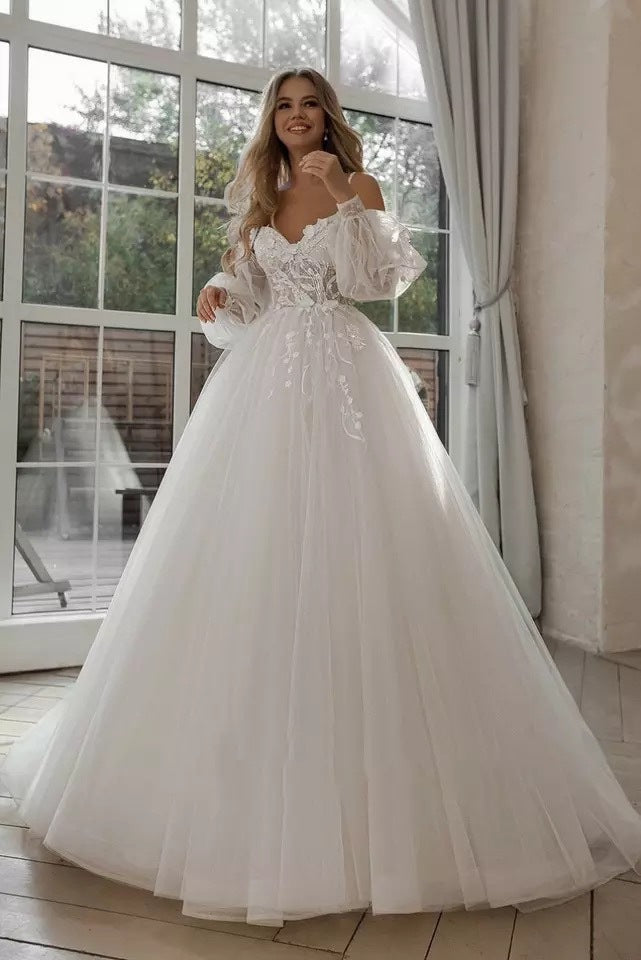 Boho Bride Puff Sleeve Off-Shoulder Wedding Gown