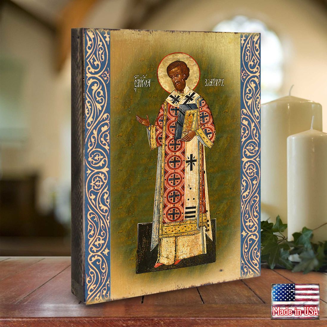 Icono religioso cristiano sagrado de madera bañado en oro de San Crisóstomo - Decoración inspiradora - 85054