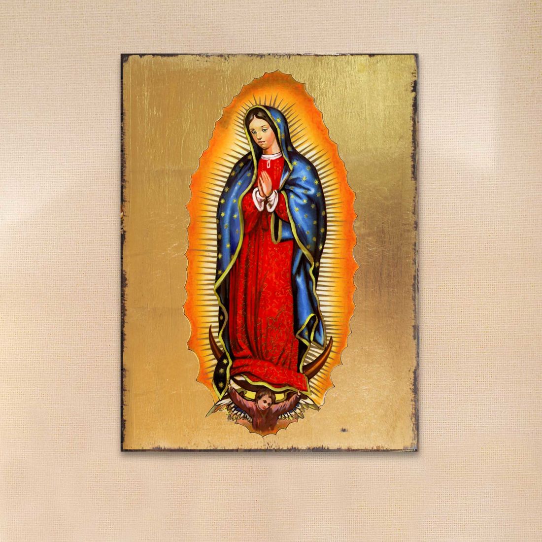Icono sagrado católico religioso de madera de la Virgen de Guadalupe, bañado en oro - Decoración inspiradora - 85032