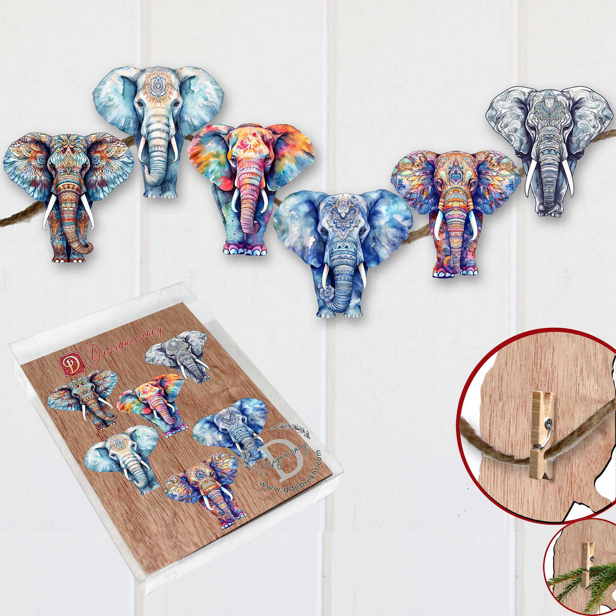 Elephants Decorative Wooden Clip-on Ornaments Set of 6 by G. Debrekht - Christmas Decor - 8090036C-S6