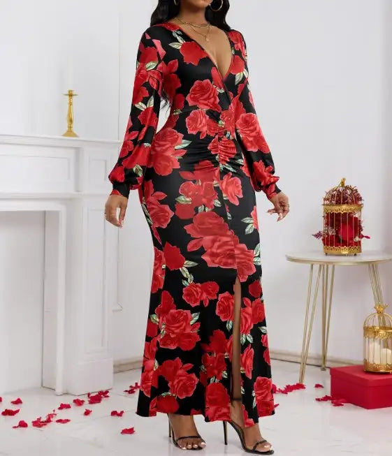 Ladies' V-neck Floral Print Fashionable Hip Hugging Dress - Lootquake