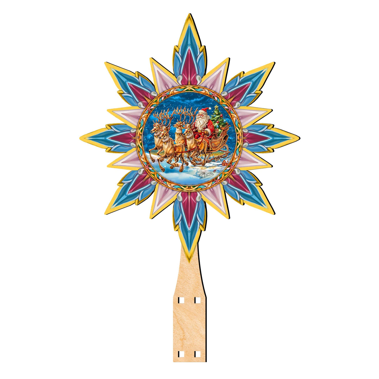 Santa on the Sleigh Star Tree Topper Wooden Decor by G. Debrekht - Santa Snowman Decor - 89516