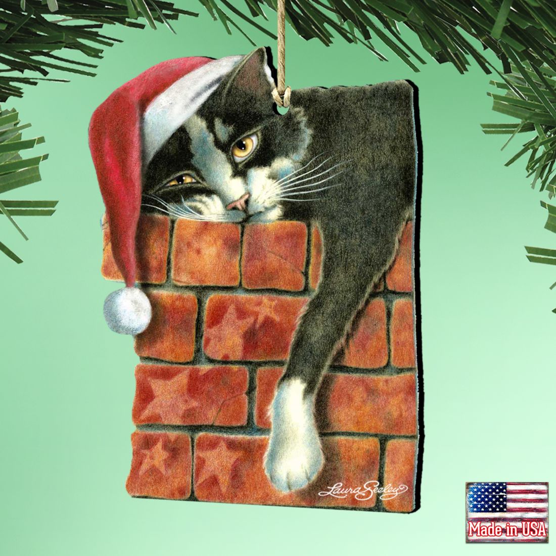 Adornos de madera de Papá Noel con el gato Peeking Tom - Adorno para árbol de Laura Seeley - Decoración para perros y gatos - 8512062-LS