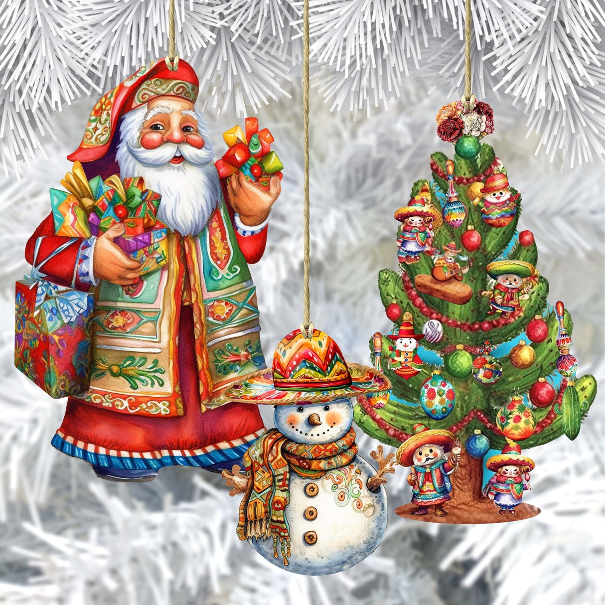 Santas Around the World - Mexican Inspired Santa - Wooden Ornaments Set of 3 by G. DeBrekht Christmas Santa Snowman Decor - 8091308S3
