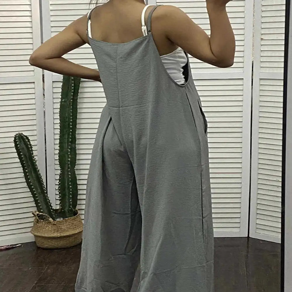Women's Sleeveless Jumpsuit With Pockets And Adjustable Shoulder Strap Fashion Loose Wide Leg Straight Overalls Summer Beach Trousers - Lootquake