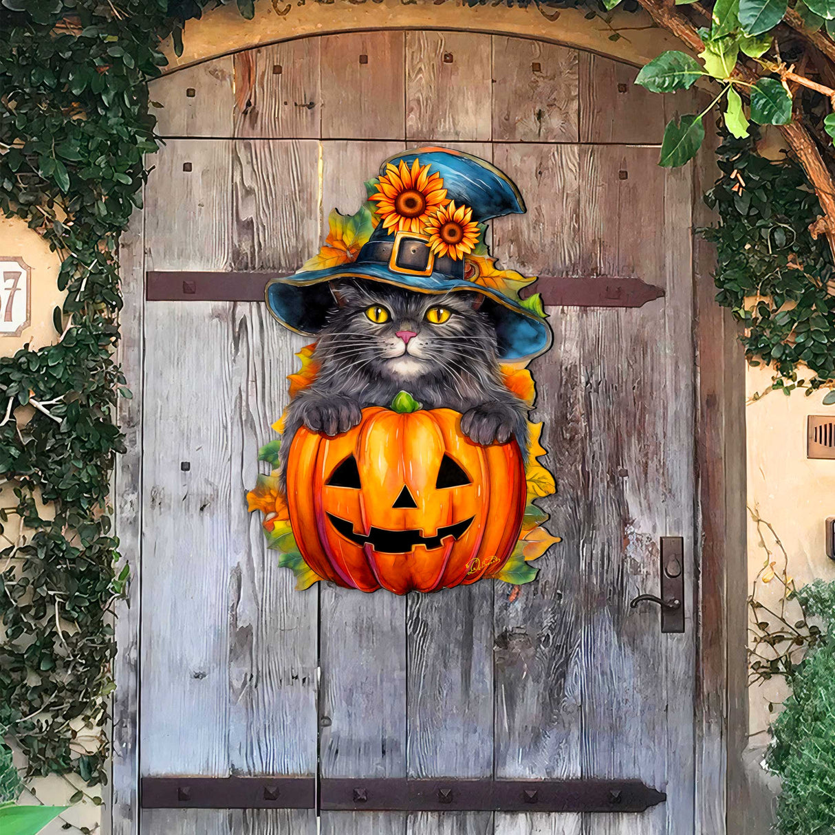 Black Cat Pumpkin Holiday Door Decor by G. DeBrekht - Halloween Decor - 8652794H