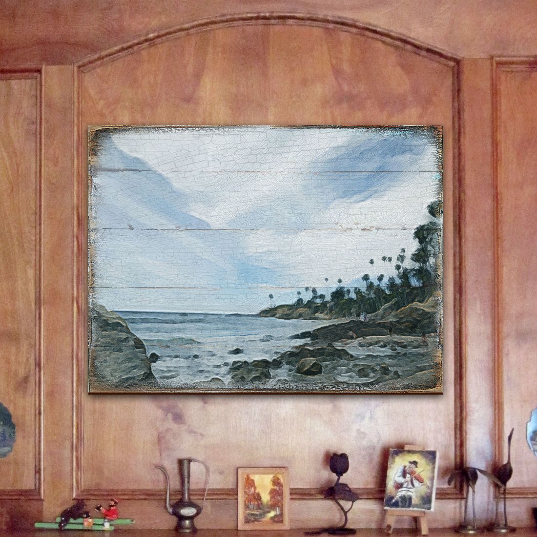 Arte mural costero de madera con diseño de surfista de Nature Wonders - Decoración costera con vida marina - 84578B