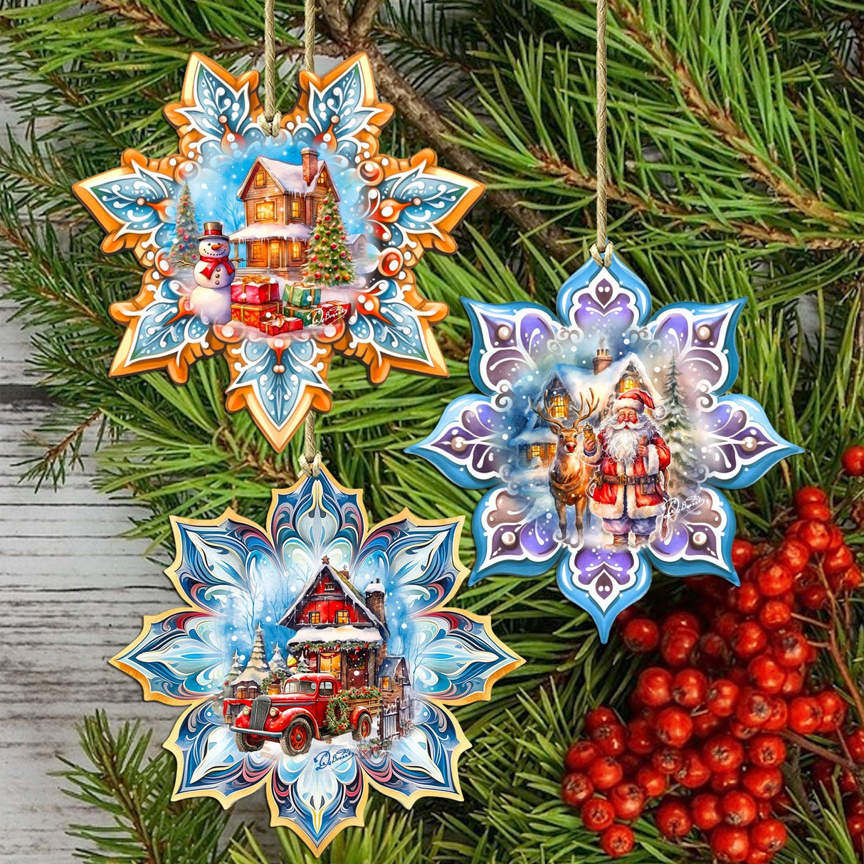 Christmas House Snowflake Wooden Ornaments Set of 3 by G. Debrekht - Christmas Decor - 8090142-S3