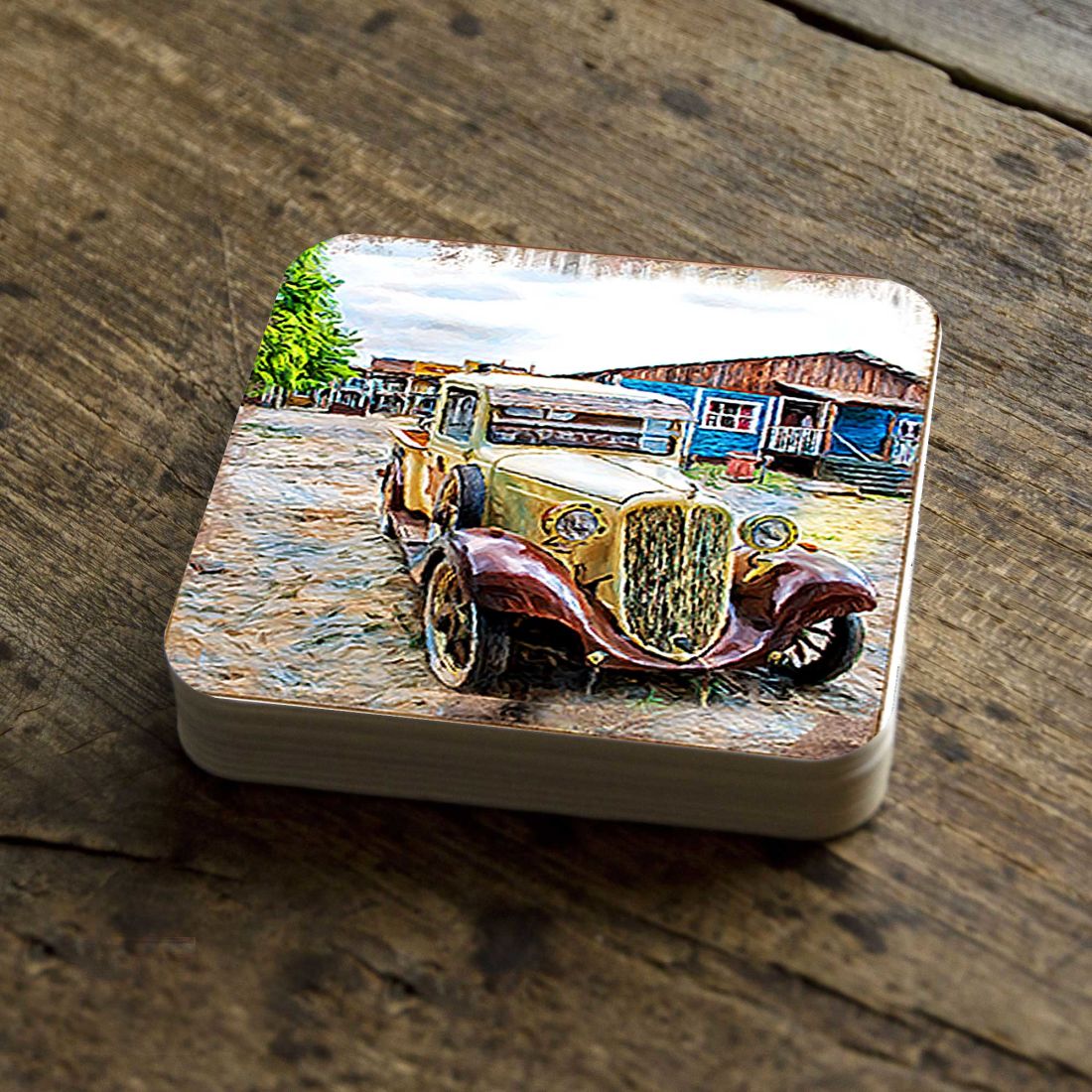 Car Coastal Wooden Cork Coasters Gift Set of 4 by Nature Wonders - Coastal Sea-Life Decor - 95353C-S4