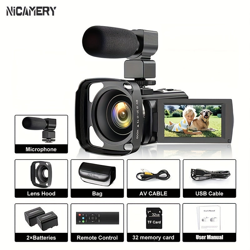 Nicamery 16x Efficient Zoom - 1080P HD Camera with Beauty Anti-Shake, External Microphone Support - Full HD 2400 Pixel Webcam Digital Camera with Remote Control, Lens Hood, 1000mah Batteries 2pcs, Ultra Long Life, 32G TF Card