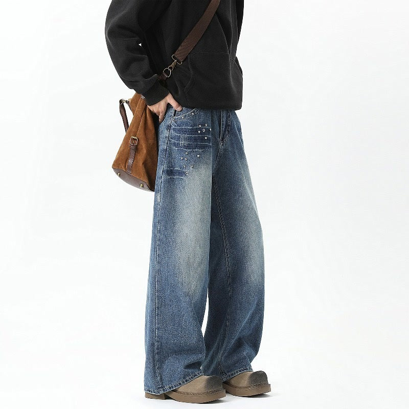 Men's Rivet Washed Jeans Loose - Lootquake