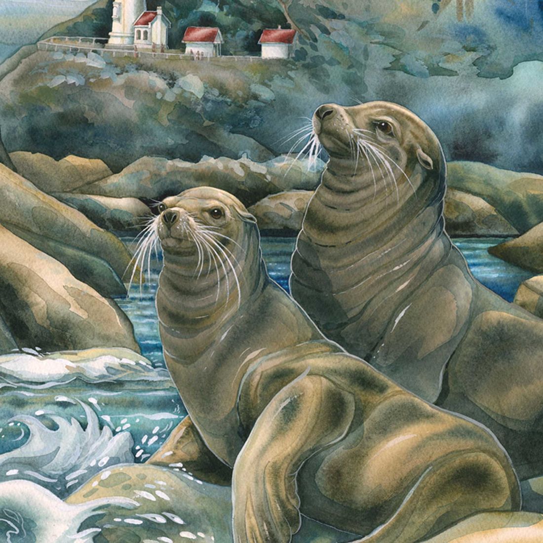 Leones del Mar, Cuevas del Faro, Arte mural de madera de J. Bergsma - Decoración de vida silvestre - 85922883B-JB