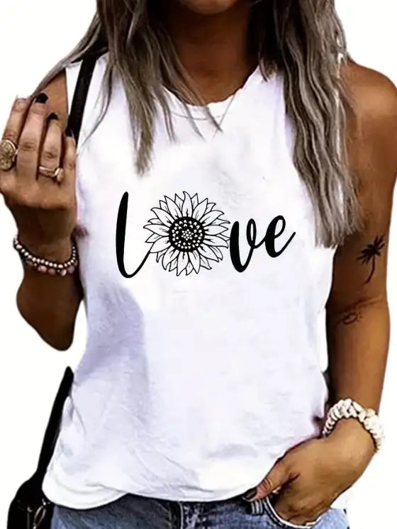 Ladies' Fashionable Sleeveless T-shirt With Personalized Letters, Flowers, Creative Patterns, Printed Casual Round Neck Vest - Lootquake