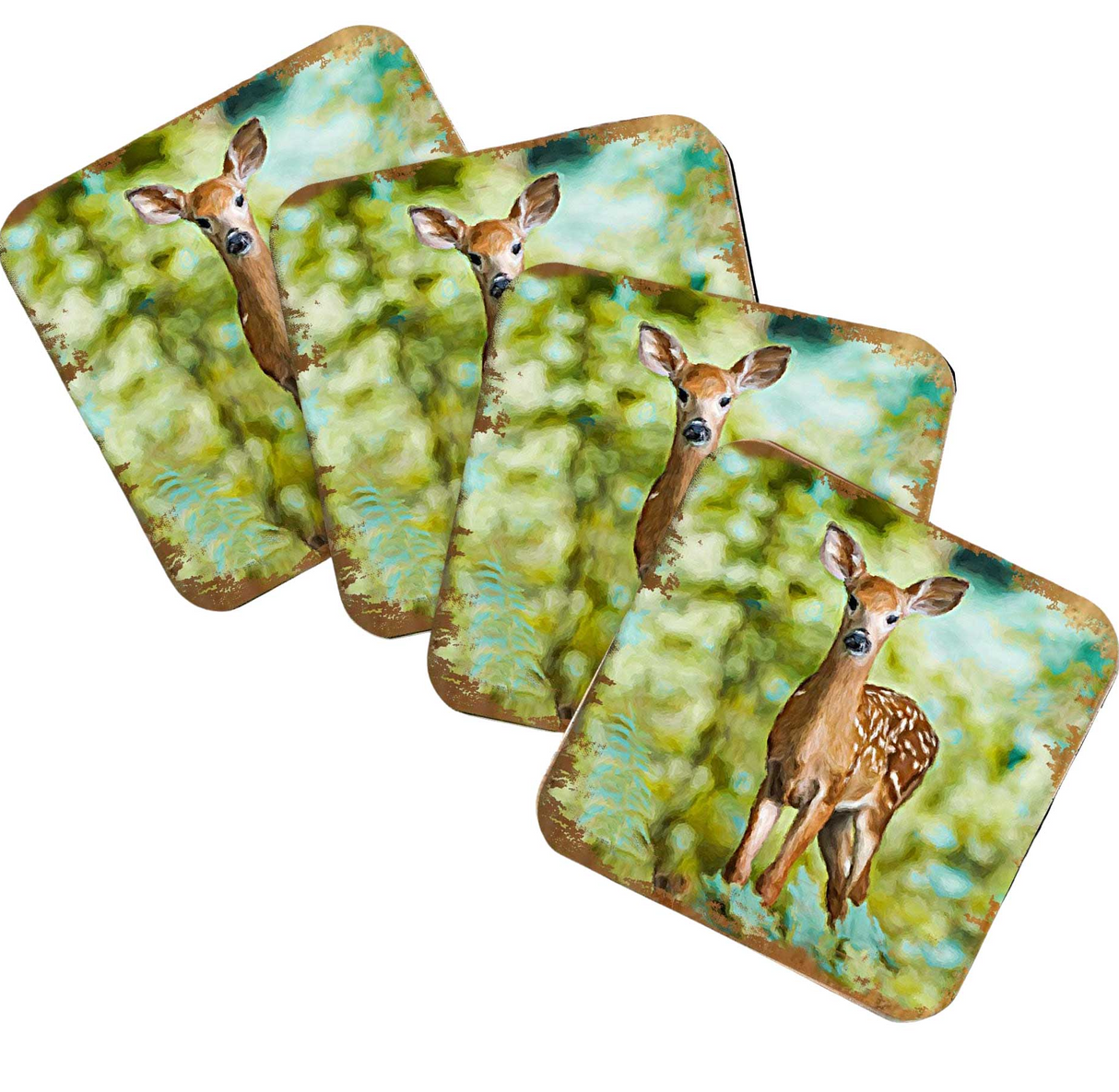 Forest Deer Wooden Cork Coasters Gift Set of 4 by Nature Wonders - Nature Wildlife Decor - 95290C-S4