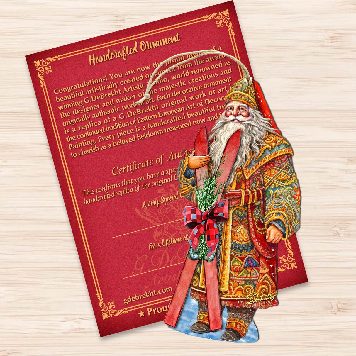 Adornos de madera "Aventura de esquí de Papá Noel" de G. Debrekht - Decoración navideña de muñeco de nieve de Papá Noel - 8691403