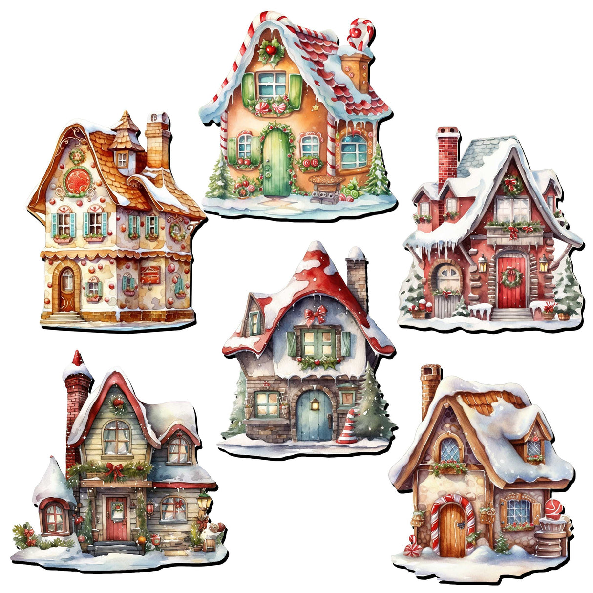 Christmas Houses Decorative Wooden Magnets Set of 6 by G. Debrekht - Christmas Decor - 8090024G-S6