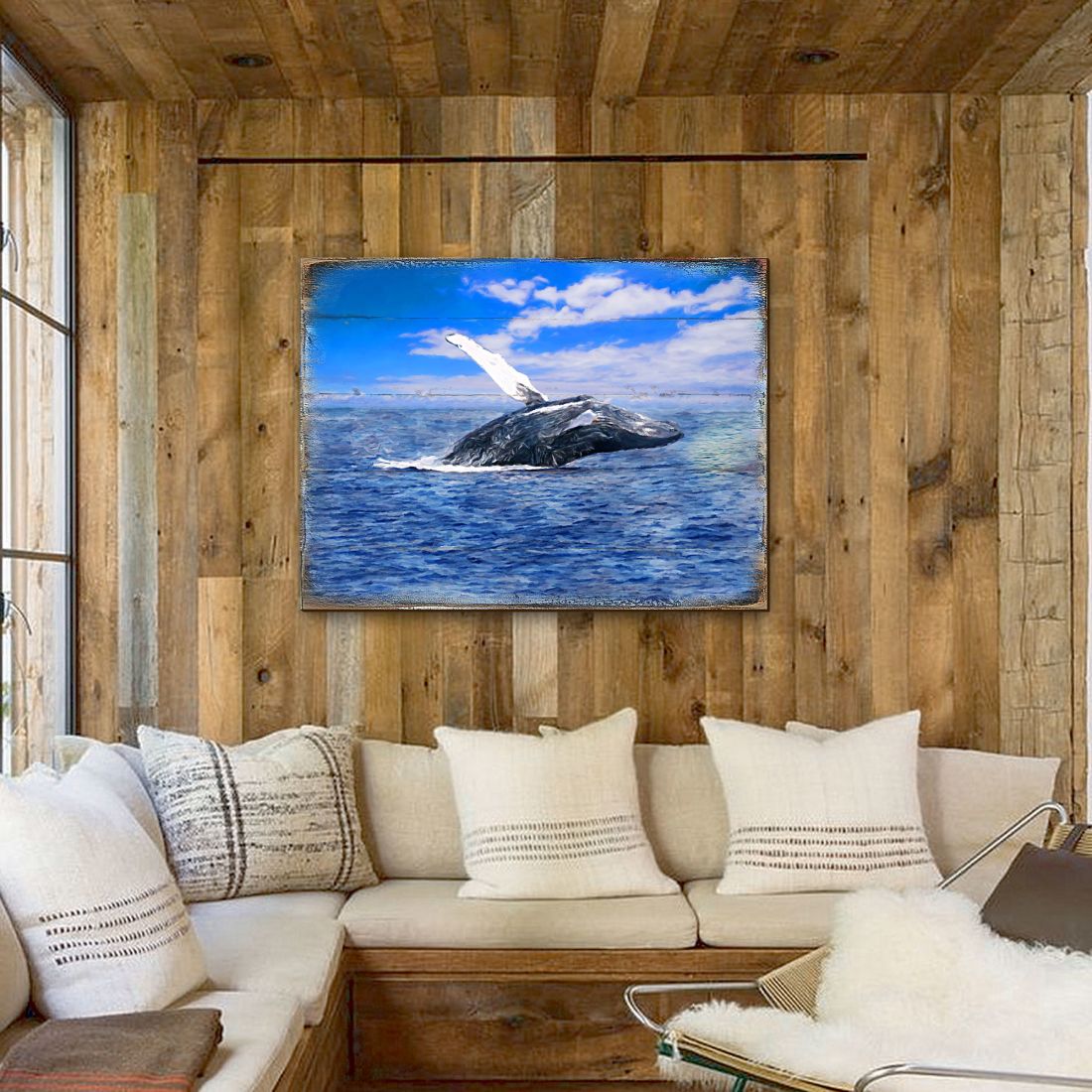 Arte mural costero de madera con ballena de Nature Wonders - Decoración costera con vida marina - 95257B