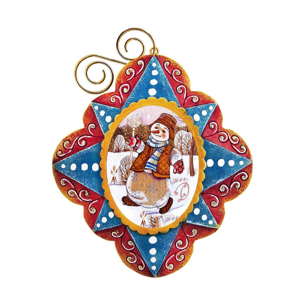 Figura navideña del juguetón Sr. Muñeco de Nieve, pintada a mano. Adorno navideño esculpido y pintado a mano por G. DeBrekht. Decoración navideña de Papá Noel y muñeco de nieve. 6102442