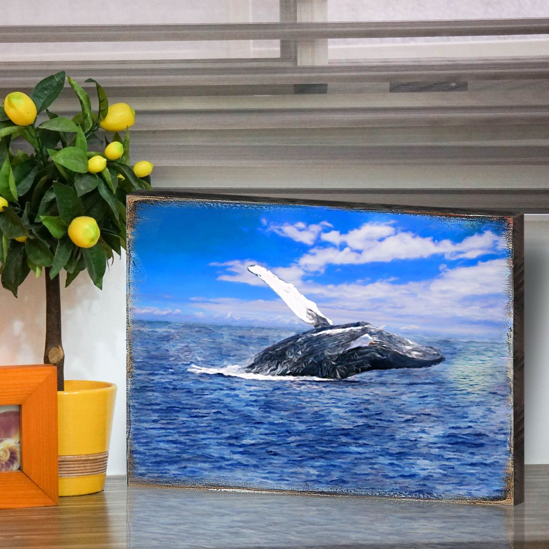 Arte mural costero de madera con ballena de Nature Wonders - Decoración costera con vida marina - 95257B