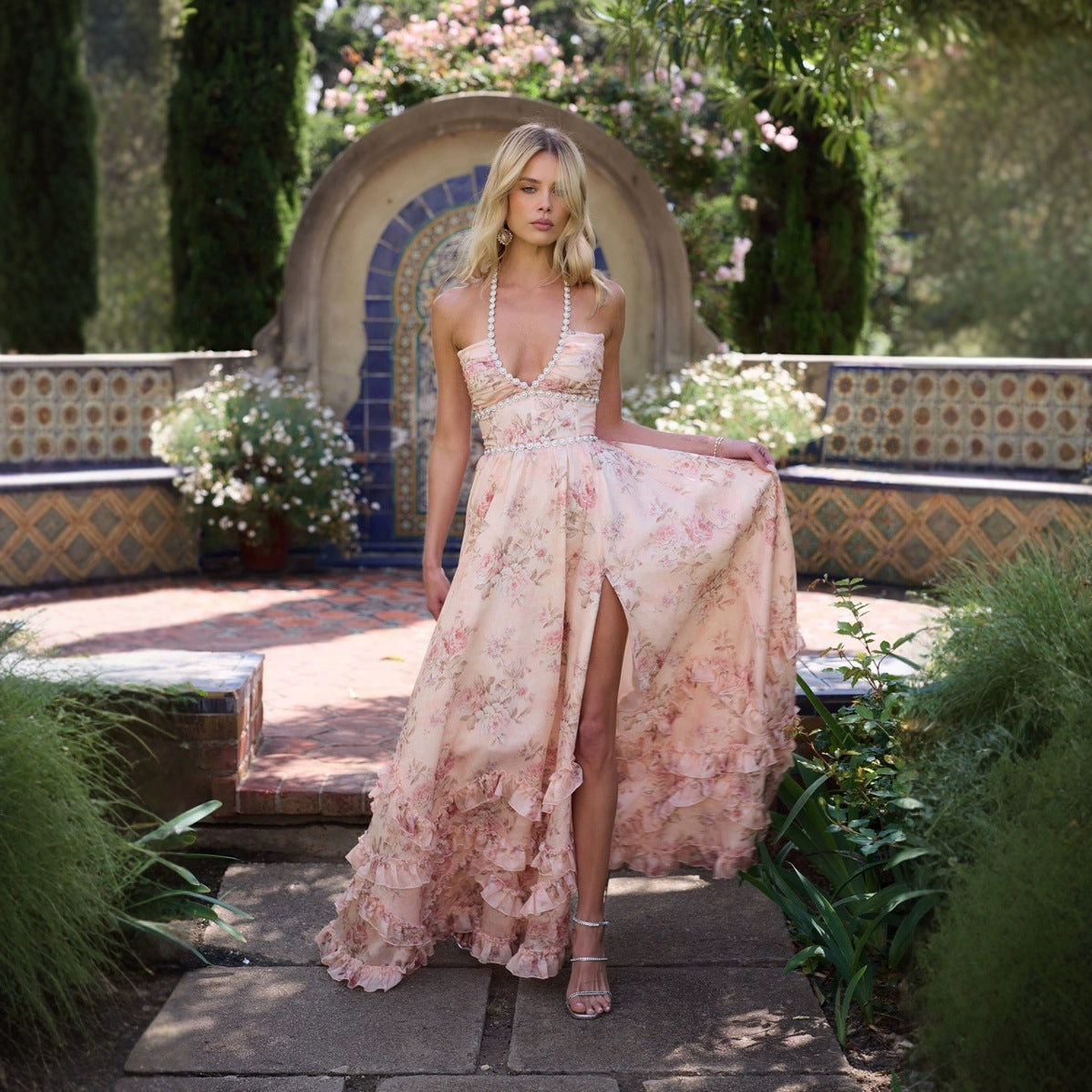 Falda de expansión ajustada estampada para vestido de tirantes de vacaciones