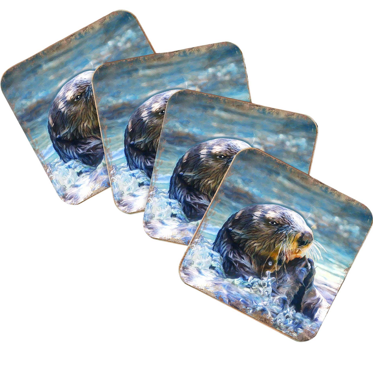 Otter Coastal Wooden Cork Coasters Gift Set of 4 by Nature Wonders - Coastal Sea-Life Decor - 95239C-S4