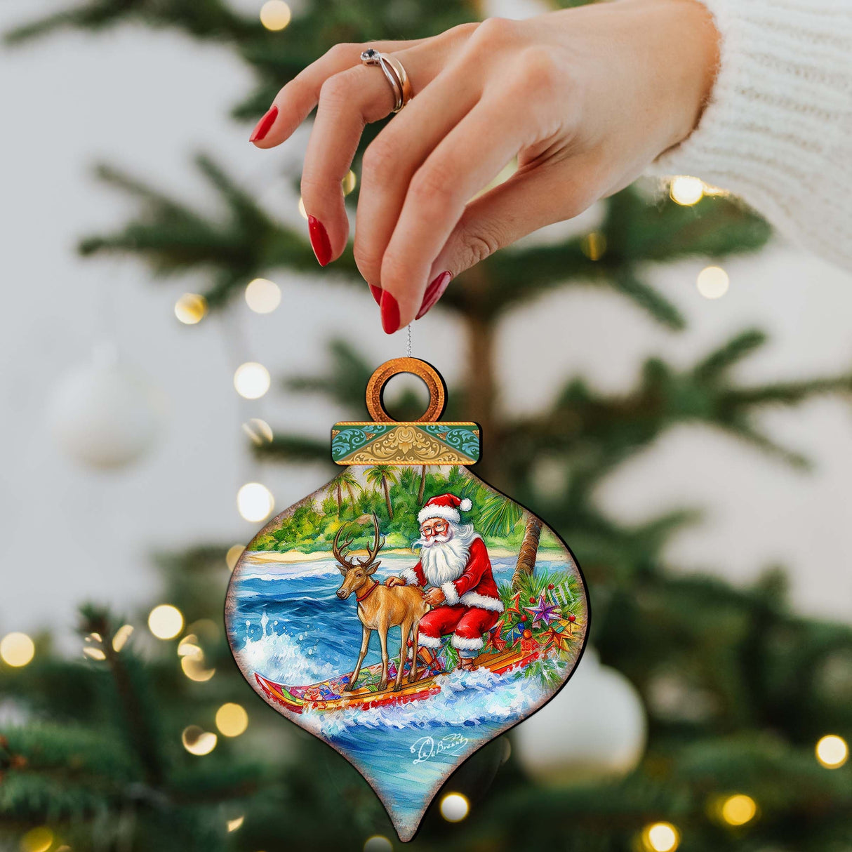 Coastal Christmas Decor - Surfing with Santa Wooden Ornaments by G.Debrekht Coastal Holiday Decor - 8688309