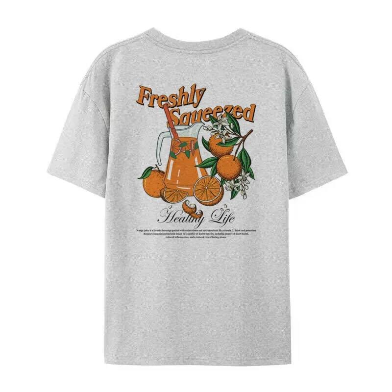 Camisetas de frutas naranjas con estampado botánico suelto en la espalda para mujer
