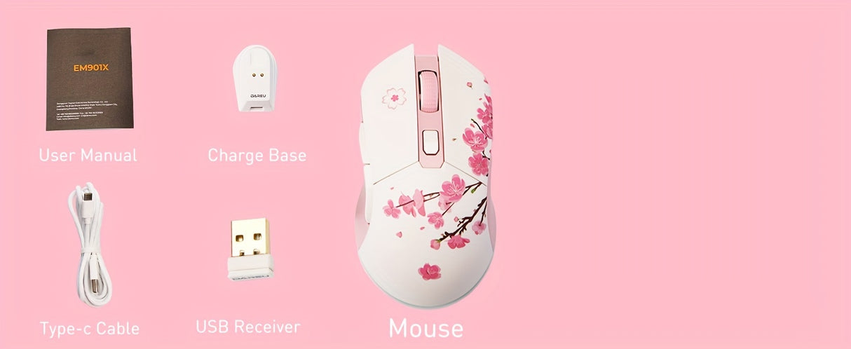 DAREU Sakura Pink Wireless Gaming Mouse - 12K DPI, RGB Rechargeable, 7 Programmable Buttons, Charging Dock Stand, Dual Mode for PC/Laptop/Mac - The Perfect Gift for Birthdays, Valentines, Halloween, Easter, and Girlfriends