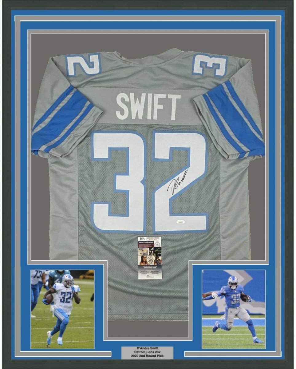 Framed Autographed/Signed D'Andre Swift 35x39 Detroit Grey Football Jersey JSA COA
