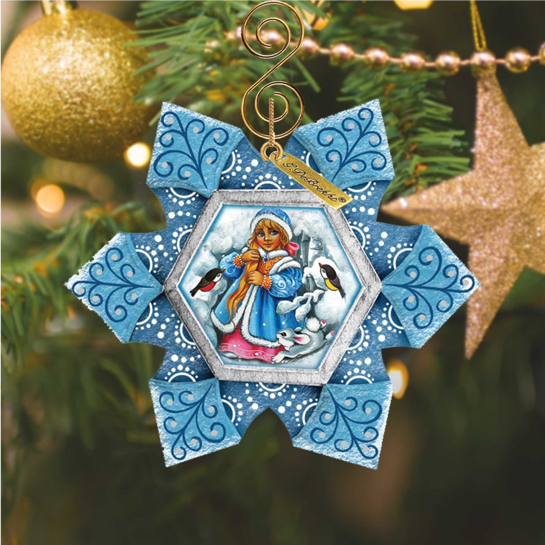 Adorno navideño de Doncella de Nieve, esculpido y pintado a mano por G. DeBrekht - Decoración navideña - 6102172